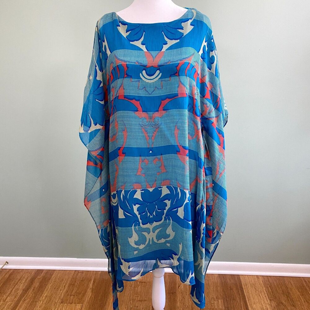 Max & Cleo Kaftan Dress Womens Medium Blue Sheer Overlay Lined Coastal Beach
